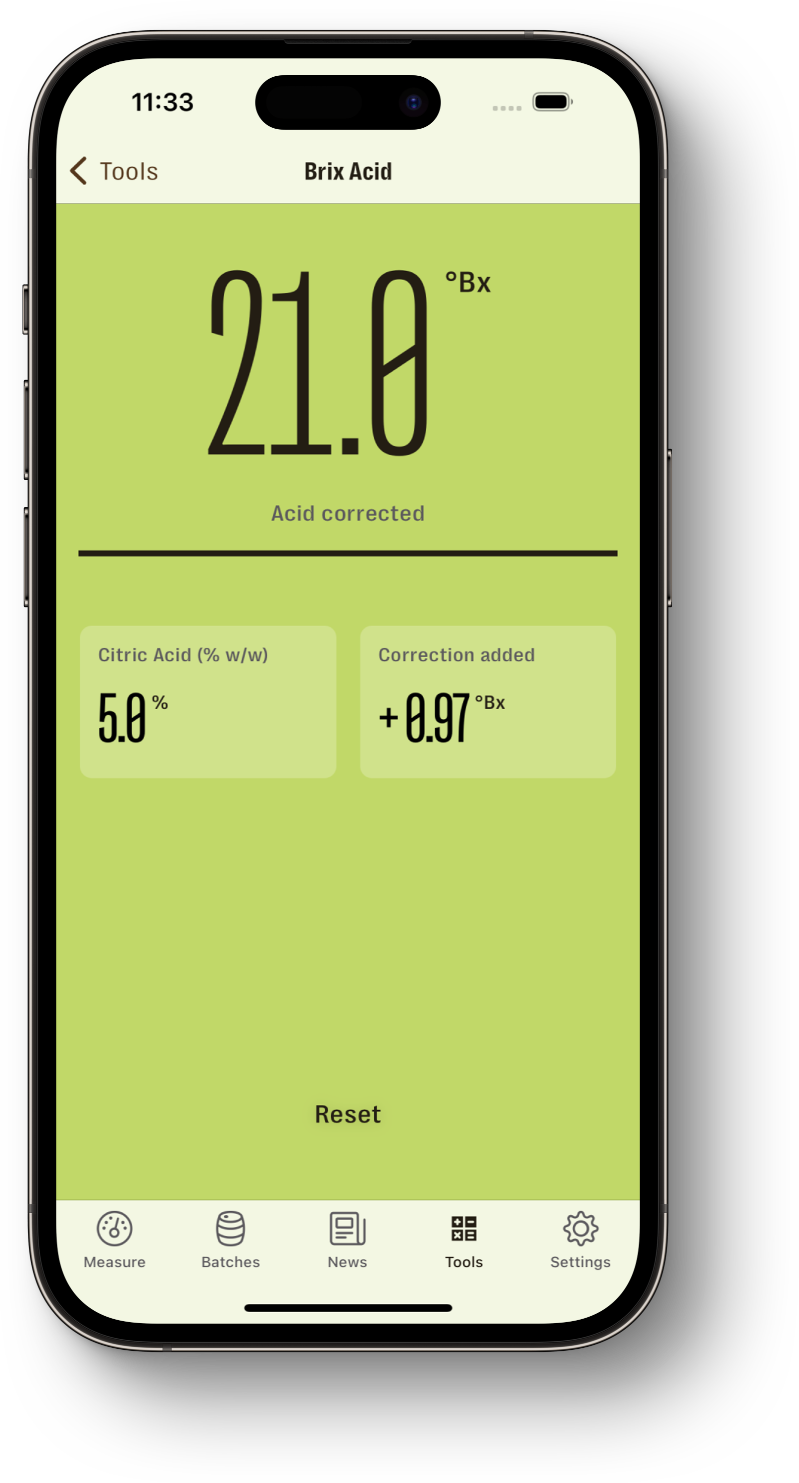 How to perform a acid correction to the Brix value with the mobile apps